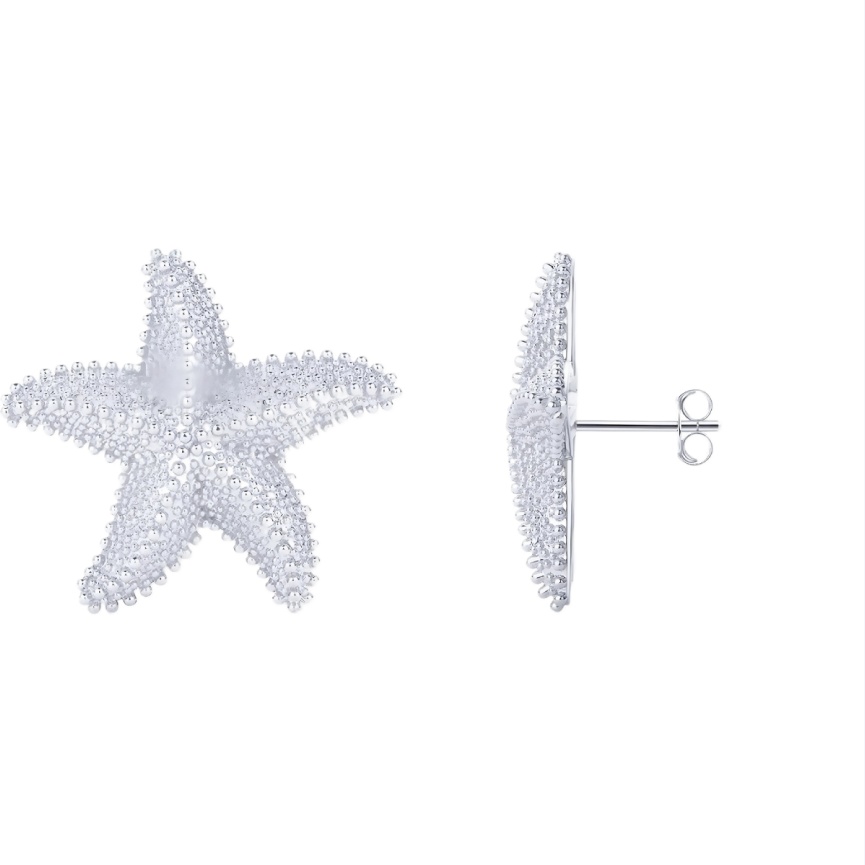 Textured 3D Starfish Stud Earrings, Vintage Granulated Ocean Style Star Jewelry Gold & Silver Vacation Accessories