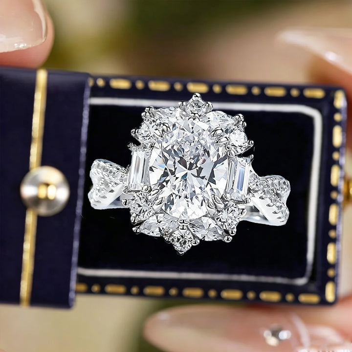 S925 Silver Oval‑Center Floral Halo Diamond Ring, Vintage Twist‑Shank Engagement Ring for Women