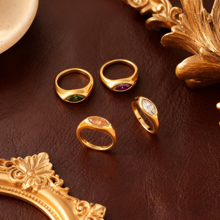 Marquise‑Cut Colored Gemstone Bezel‑Set Wide‑Band Gold‑Plated S925 Sterling Silver Ring, Multi‑Colors Available