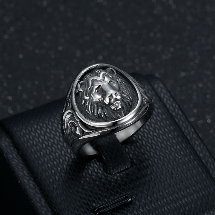 Vintage Embossed Lion Head Titanium Steel Wide Ring, Scroll Pattern Antique Bold Lion Statement Band for Men