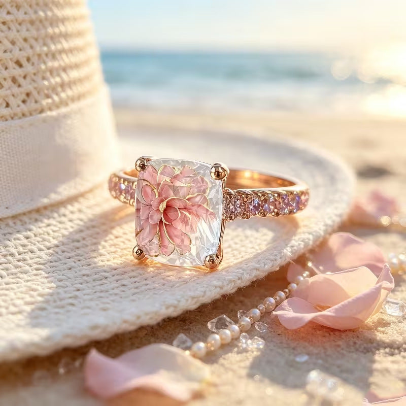 Square Inner‑Carved Pink Flower S925 Silver Gold‑Tone Ring