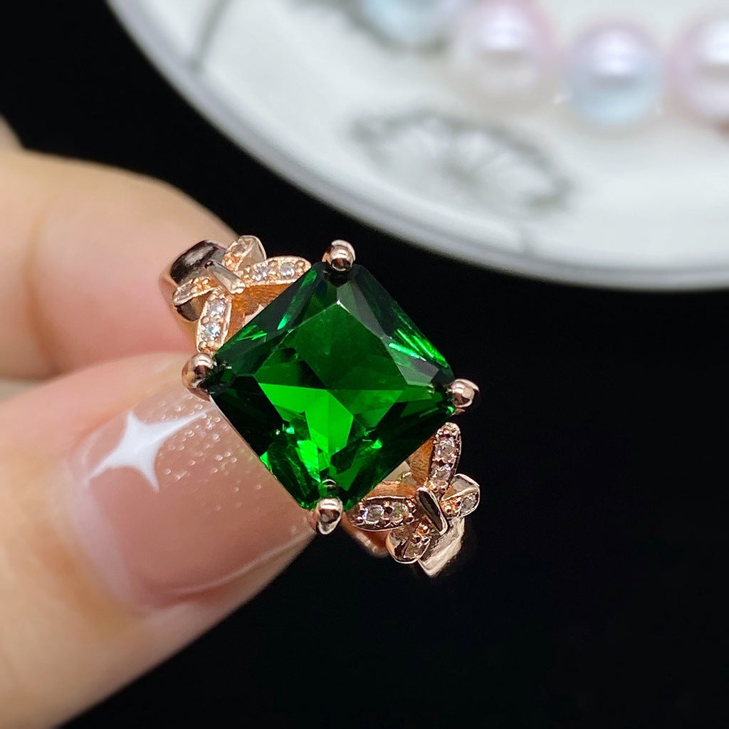 Square Green Main‑Diamond Butterfly Accent Rose‑Gold Ring