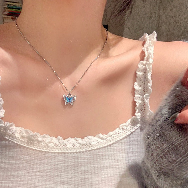 Blue Diamond Butterfly Layered Necklace Set (Luxury Mermaid Choker)