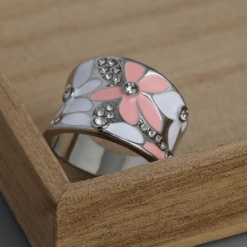 Two‑Tone Enamel Floral Wide Band Ring, Two Colors Available