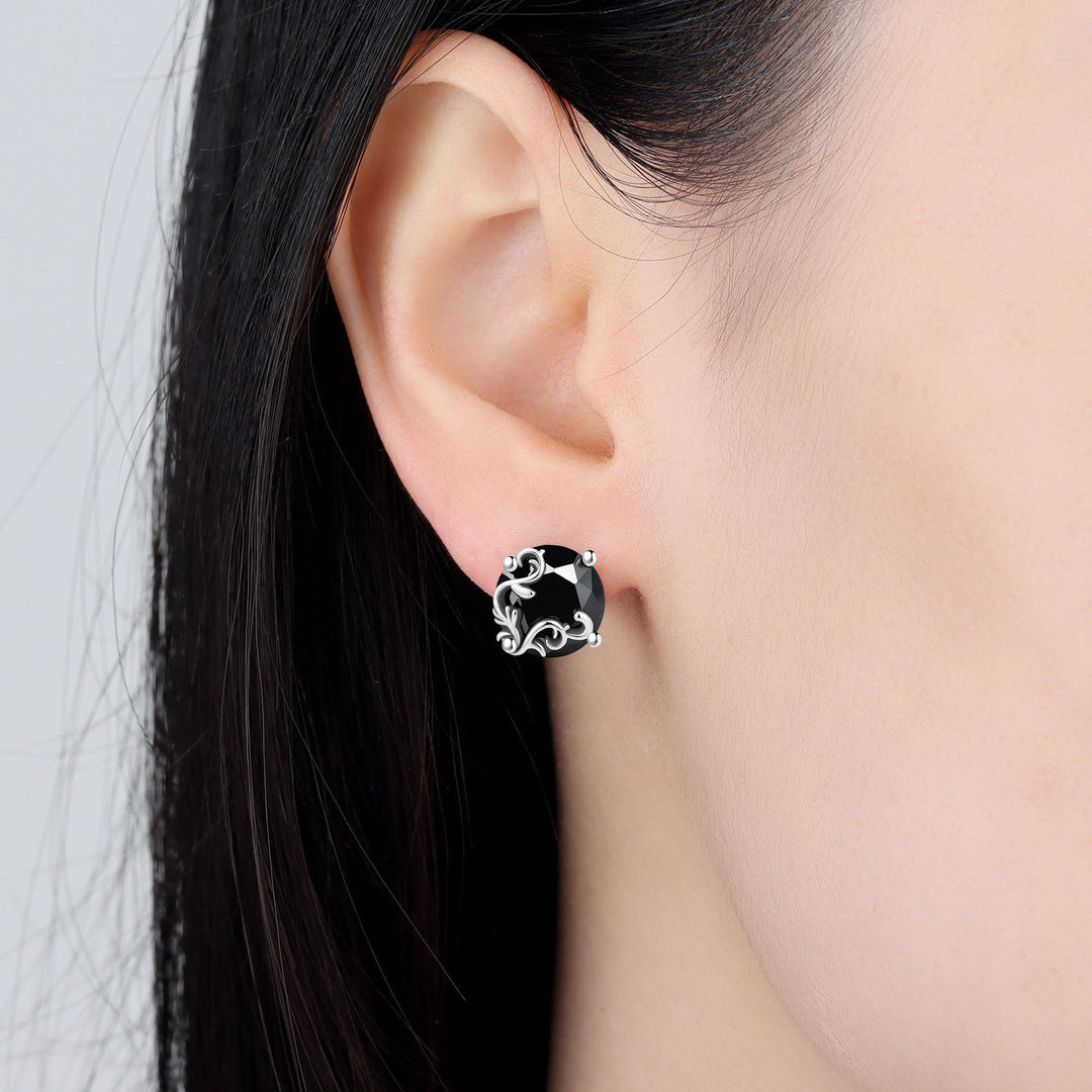 Vintage Scroll‑Pattern Black Gem Stud Earrings