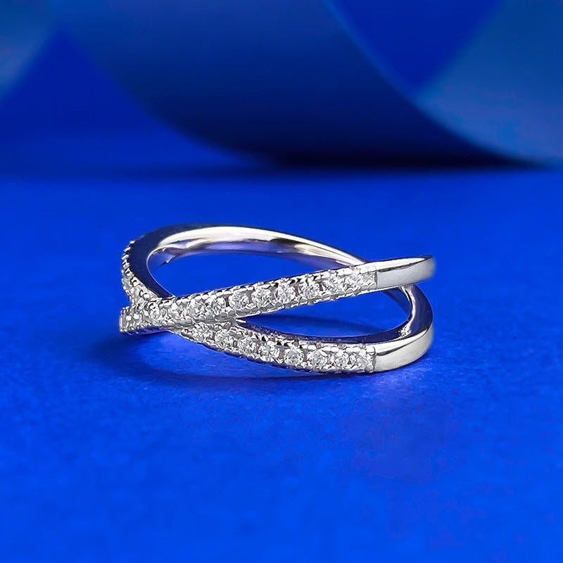 Twisted Cross Paved Diamond X Ring, Double Interlaced Micro Diamond Gold & Silver Luxury Stackable Band