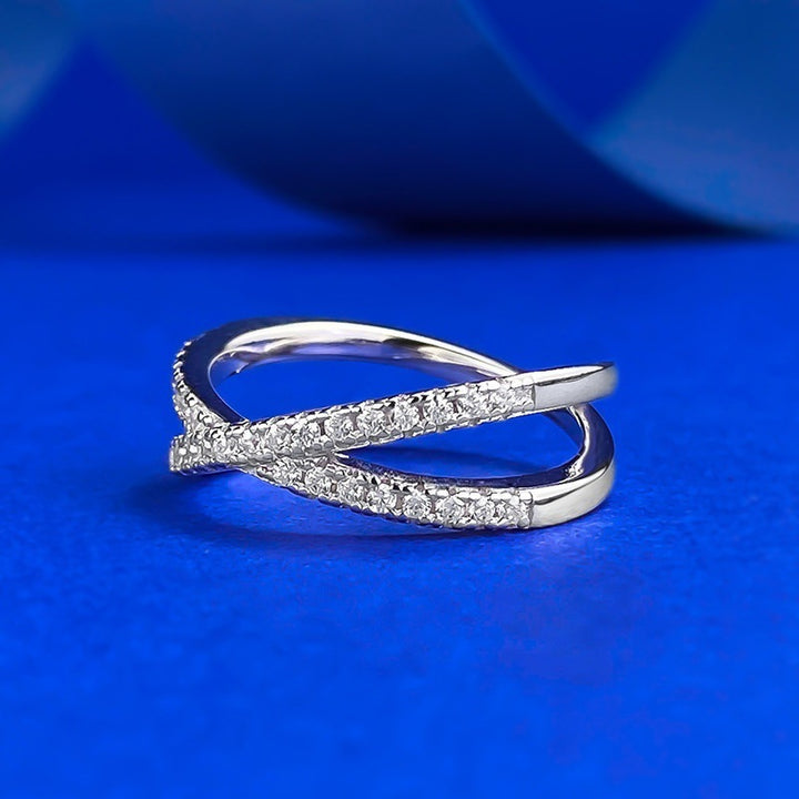Twisted Cross Paved Diamond X Ring, Double Interlaced Micro Diamond Gold & Silver Luxury Stackable Band