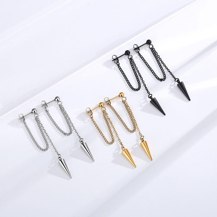 Double Chain Cone Spike Long Stud Earrings, Punk Taper Tassel Jewelry Gold Silver Black S925 Silver Dangles