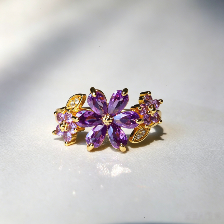 Vintage Amethyst Floral Open Ring, Luxury 3-Flower Diamond Adjustable Women Statement Ring
