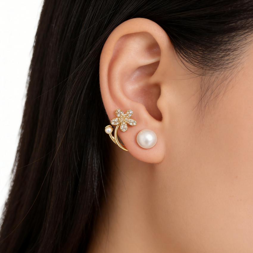 Back-Drop Pearl & Pavé Flower Earrings (Luxury Gentle Delicate Earrings)