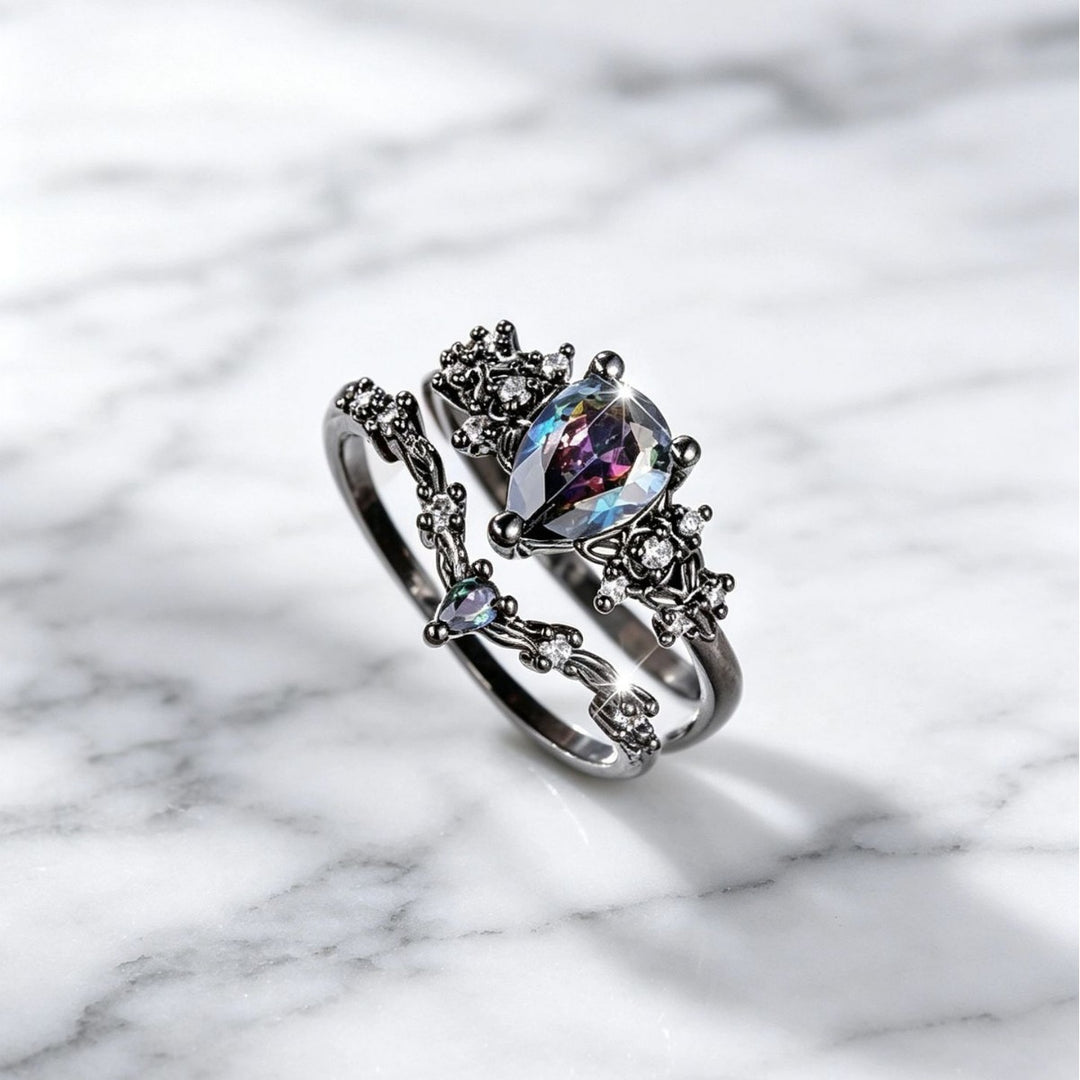 Antiqued Black Teardrop Mystic Diamond Double Layer Hollow Ring, S925 Silver Dark Palace Style Stackable Women’s Band