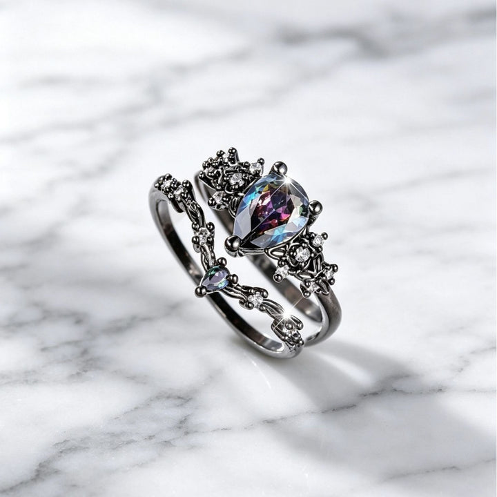 Antiqued Black Teardrop Mystic Diamond Double Layer Hollow Ring, S925 Silver Dark Palace Style Stackable Women’s Band