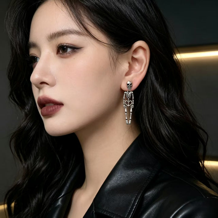 Vintage Antiqued Skeleton Stud Earrings With Heart, Gothic Long S925 Silver Unique Earrings