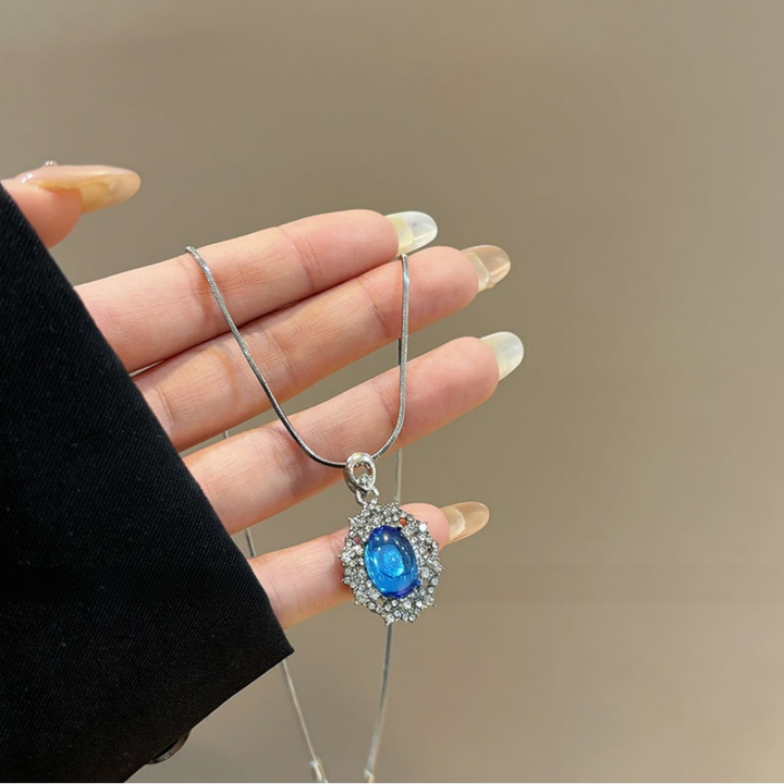 Vintage Sapphire Halo Pendant Snake Chain Necklace & Starry Blue Stone Cross Bracelet Set, Luxury Deep Blue Gem Jewelry Set