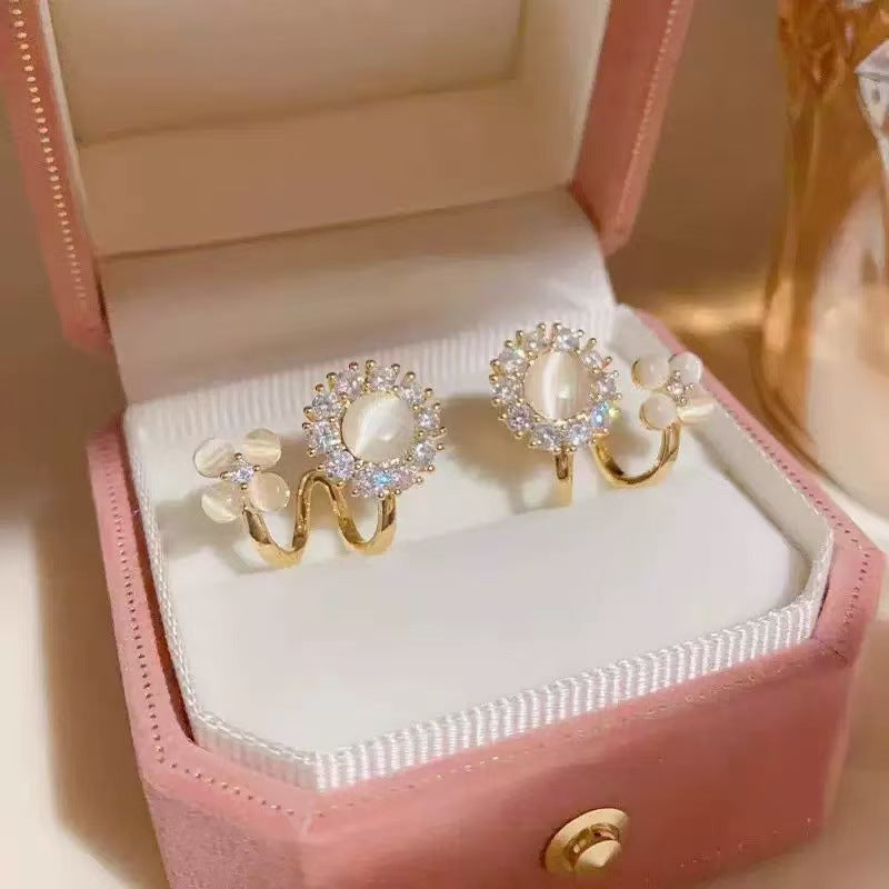 W-shaped Curve Cat's Eye Flower S925 Silver Stud Earrings, Minimalist Inlaid Diamond Dual Floral Earrings