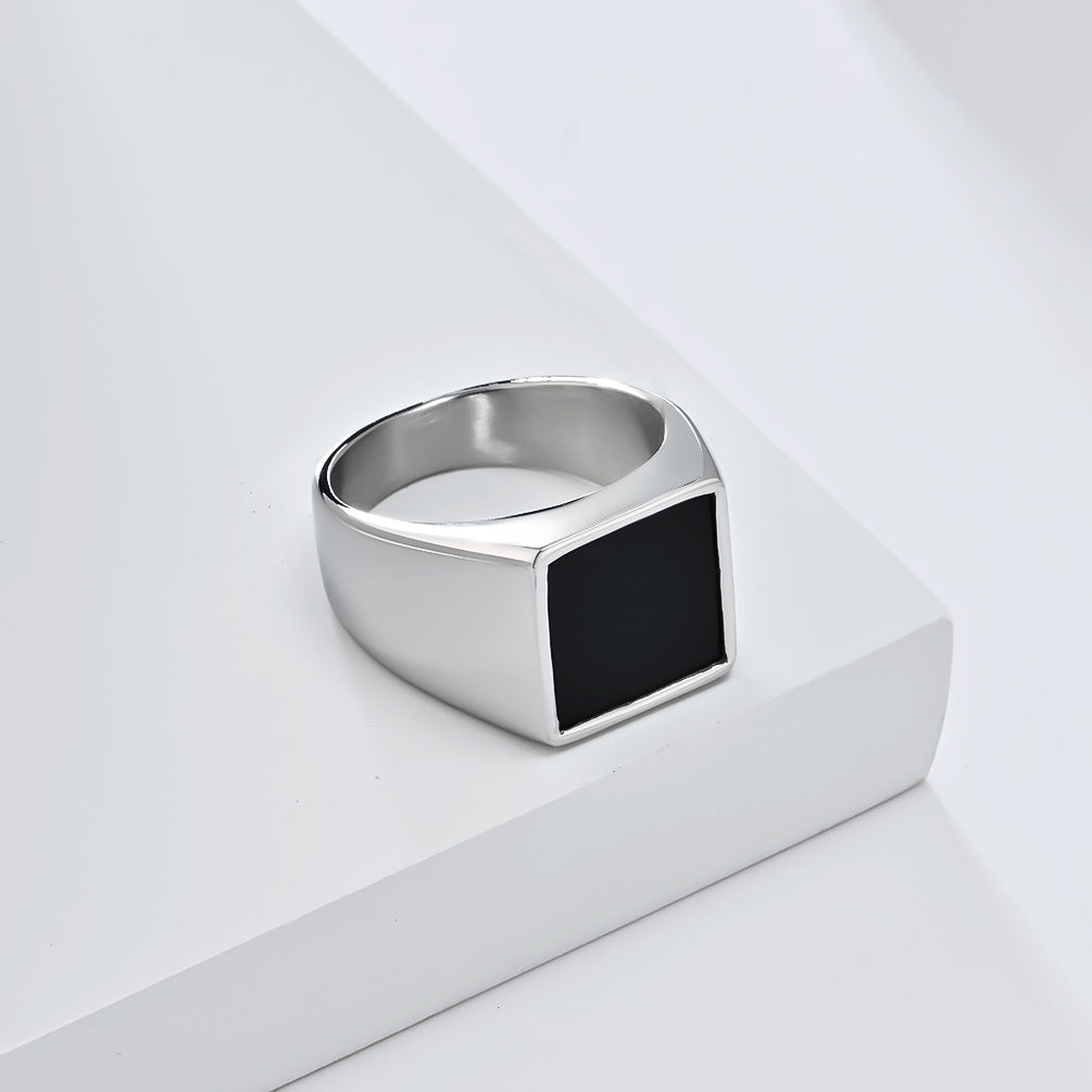 Minimalist Square‑Black‑Face Men’s Wide Signet Ring, 3‑Color Options