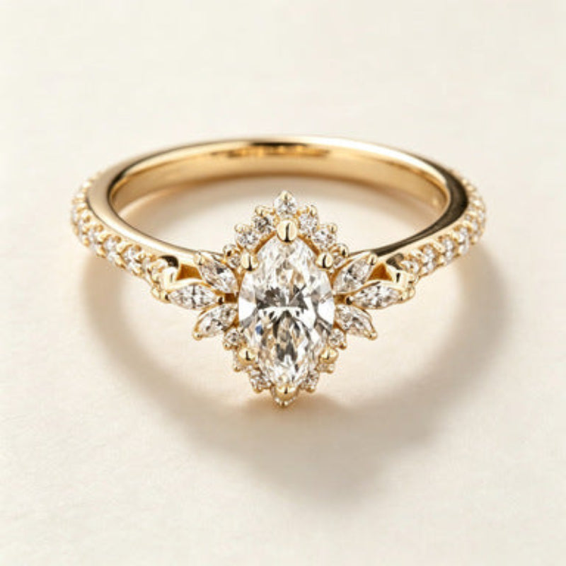 Marquise Diamond Sunflower Halo S925 Silver Ring, Vintage Paved Women Engagement Ring