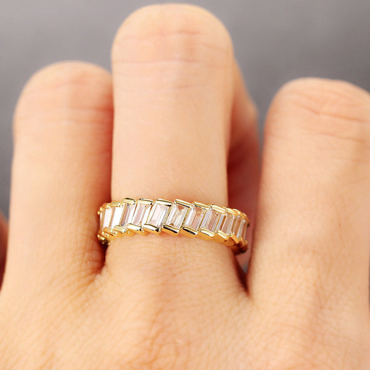 Baguette Chain Link Eternity Ring, 3 Colors Full Diamond Hollow Band For Women