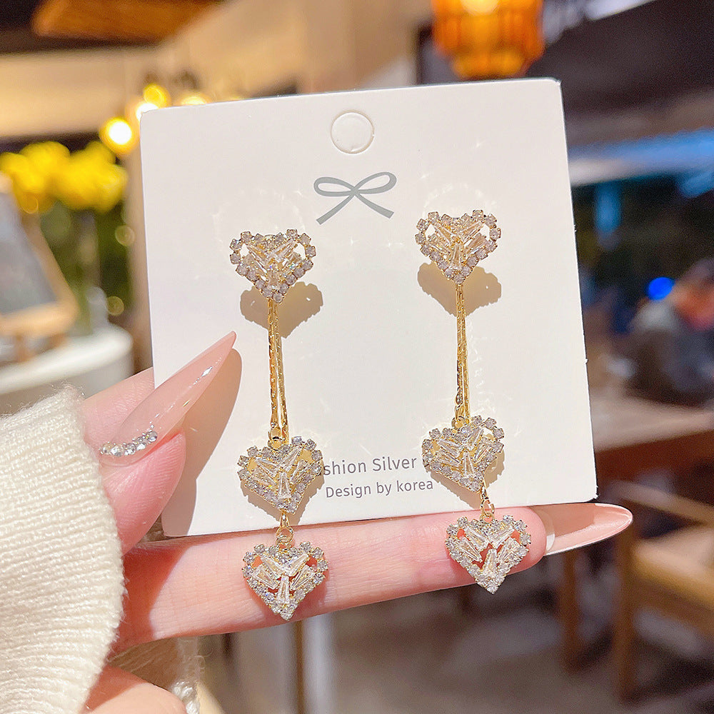 Luxury Hollow Heart Tassel Diamond Drop Earrings (Gold Tone Elegant Long Statement Earrings)