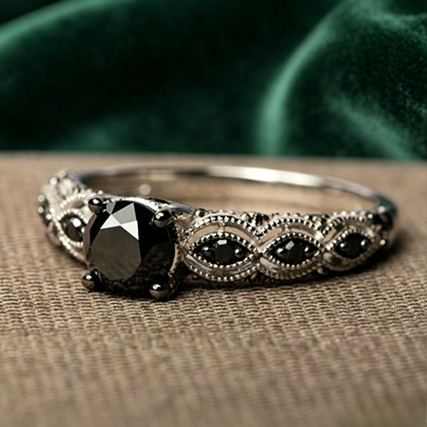 Vintage Filigree Black Diamond 4-Prong Ring, Dark Gothic Antique Silver Band