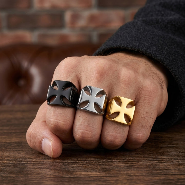 Minimalist 3D Maltese Cross Hollow Wide Ring, S925 Silver Gold/Silver/Black 3 Colors Unisex Street Band