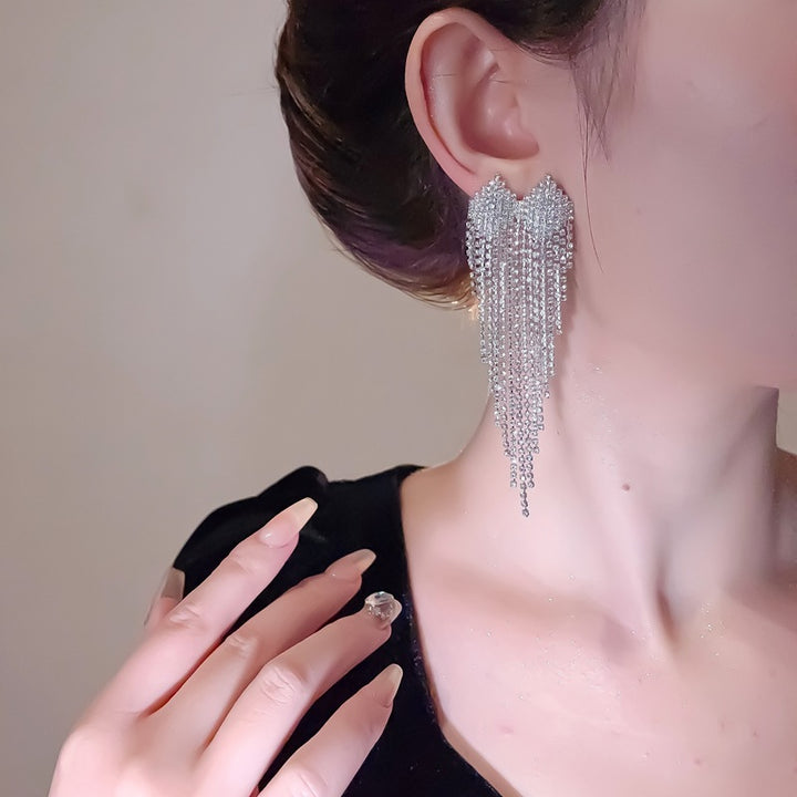 Full Pave Crystal Heart Chain Tassel Long Drop Earrings, Solid S925 Silver Gold & Silver Two-Tone Luxury Banquet Sparkling Jewelry