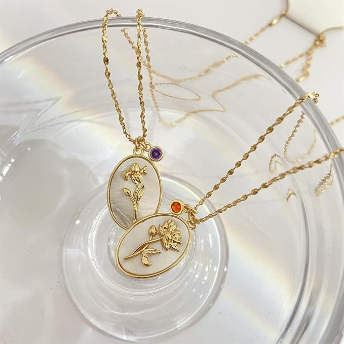 Mother-of-Pearl Carnation Birthstone Necklace (Gentle Gold Tone Pendant)