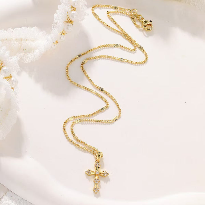 Vintage Gothic Pave Diamond Cross Necklace, 14K Gold Plated Luxury Diamond Cross Pendant Clavicle Chain