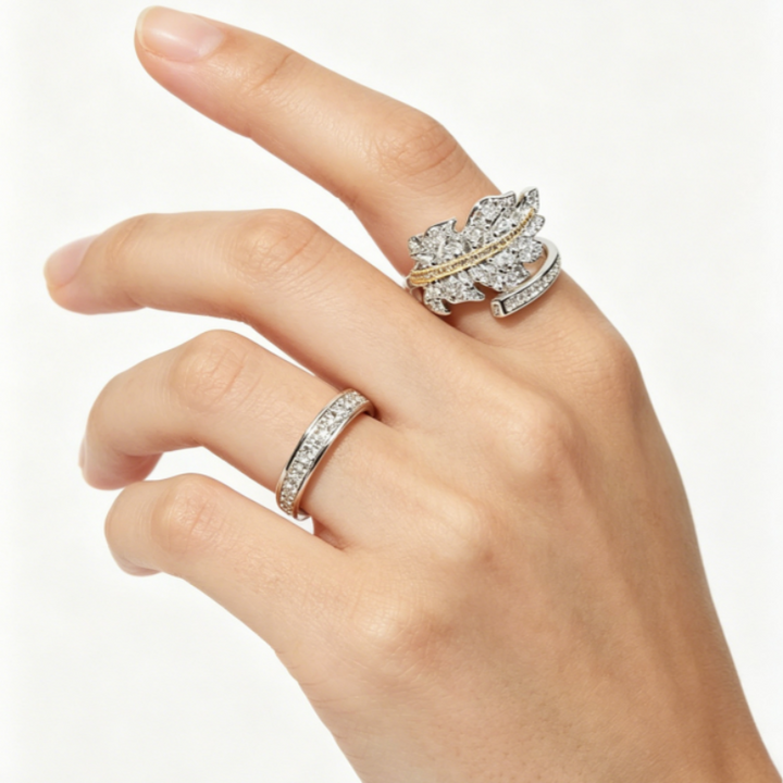 Two-Tone Paved Crystal Maple Leaf Open Ring (Luxury Vintage Women's Band)
