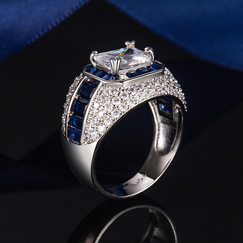 Emerald‑Cut Center Stone Luxurious Pavé S925 Sterling Silver Men's Ring, Two‑Tone Available