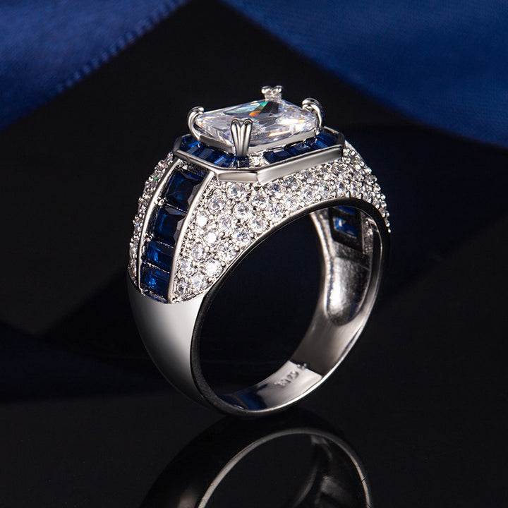 Emerald‑Cut Center Stone Luxurious Pavé S925 Sterling Silver Men's Ring, Two‑Tone Available