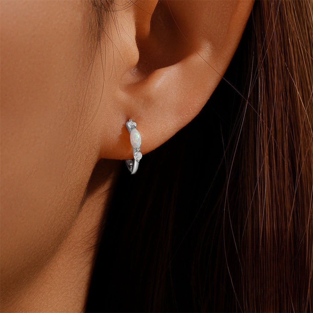 Marquise Opal Mini Click Hoop Earrings, Iridescent Opal Tiny Hoops Gold & Silver Dainty Daily Jewelry