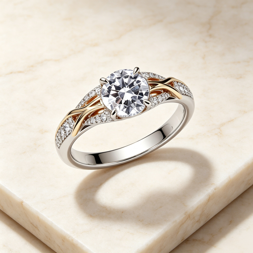 Two‑Tone Intertwined Four‑Prong Main Diamond S925 Sterling Silver Engagement Ring