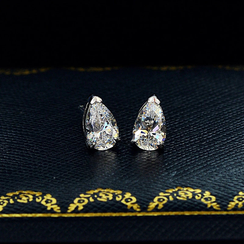 Pear Teardrop Single Diamond Stud Earrings, Minimalist 4-prong Setting Solid Diamond Studs, Silver Luxury Earrings
