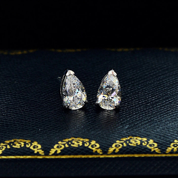 Pear Teardrop Single Diamond Stud Earrings, Minimalist 4-prong Setting Solid Diamond Studs, Silver Luxury Earrings