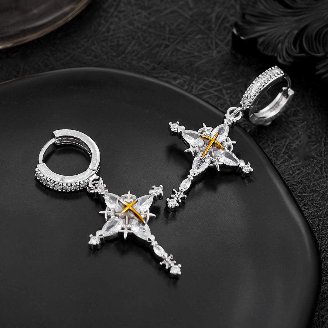 Two-Tone Four-Pointed Star Long Drop Hoop Earrings, Vintage Luxury Full Paved Diamond Star Dangle Earrings