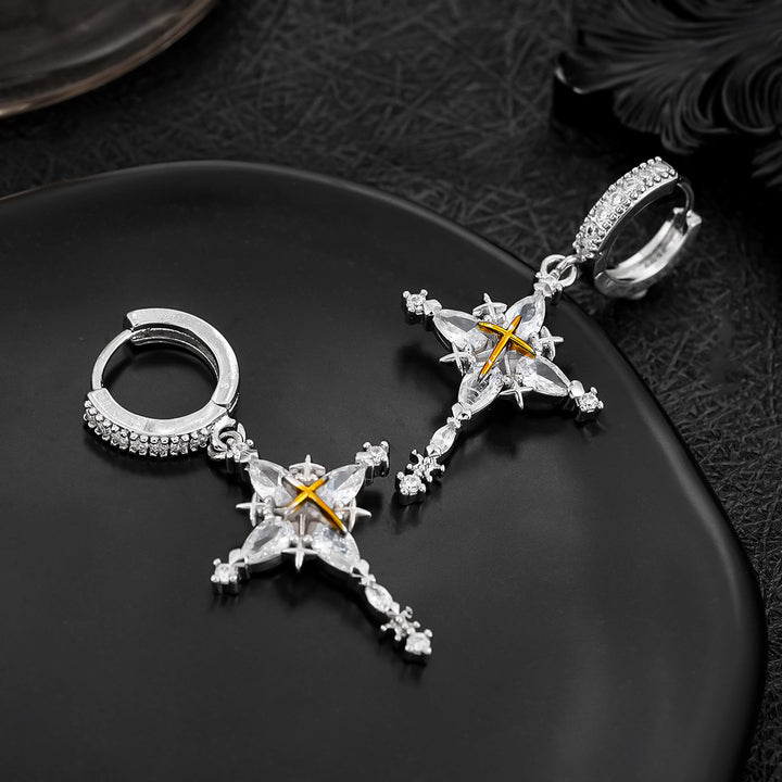 Two-Tone Four-Pointed Star Long Drop Hoop Earrings, Vintage Luxury Full Paved Diamond Star Dangle Earrings