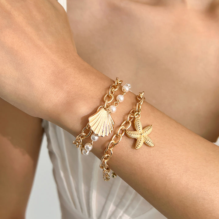 Beach Vacation Three-Layer Shell Starfish Jewelry Set, Irregular White Pearl Layered Choker & Chunky Chain Pearl Bracelet 2-Piece Jewelry Set