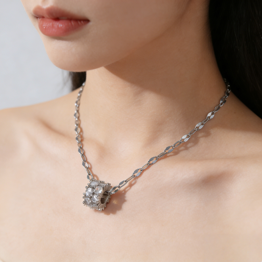 Luxury Pave Cube Necklace (Silver Tone Shimmer Chain Choker)