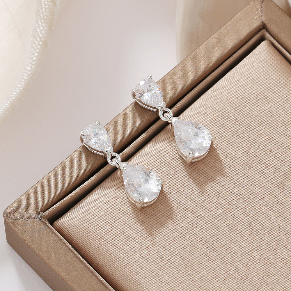 Double Teardrop Diamond Drop S925 Silver Earrings, Luxury Two Linked Pear Cut Diamond Long Dangle Earrings, Gold & Silver Two Tones