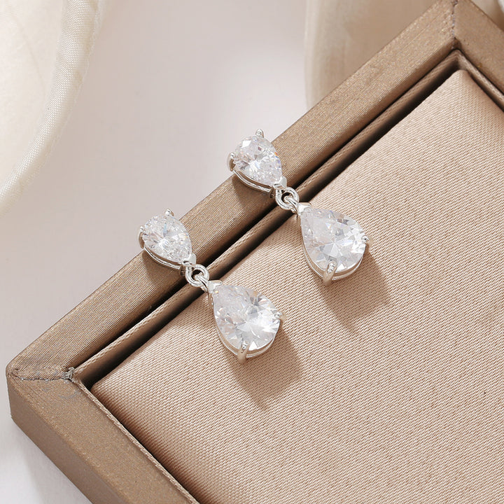 Double Teardrop Diamond Drop S925 Silver Earrings, Luxury Two Linked Pear Cut Diamond Long Dangle Earrings, Gold & Silver Two Tones