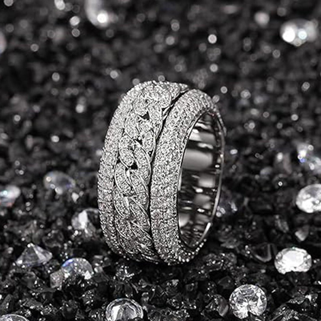 Rotatable Wide Band Ring with Twisted Chain Center & Side Paved Diamonds, Heavy Hip Hop Titanium Steel Spinner Ring Gold Silver Unisex Jewelry
