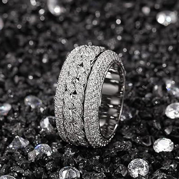 Rotatable Wide Band Ring with Twisted Chain Center & Side Paved Diamonds, Heavy Hip Hop Titanium Steel Spinner Ring Gold Silver Unisex Jewelry