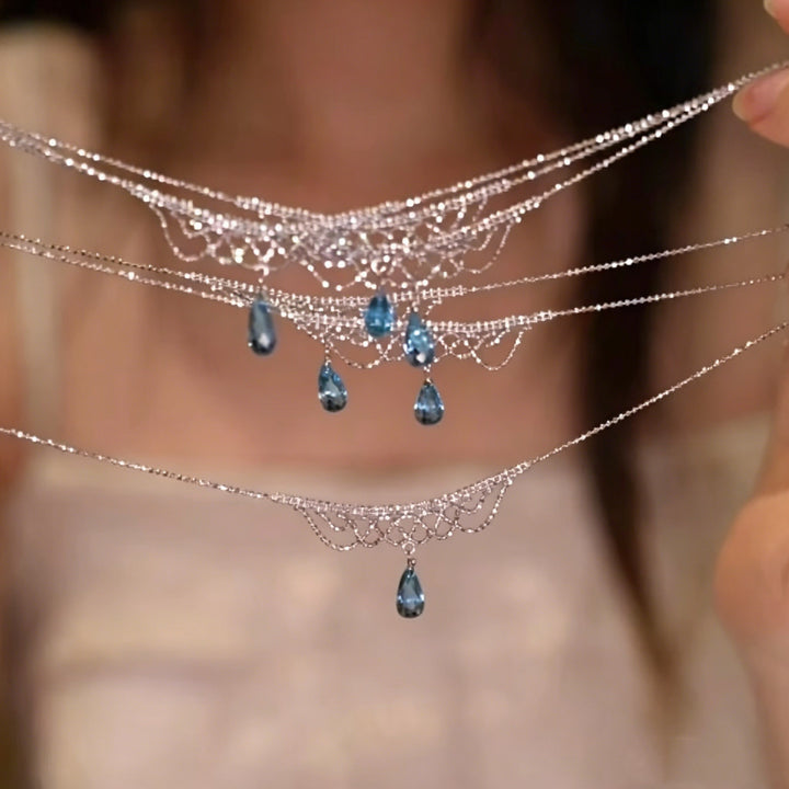 Vintage Lace Hollow Teardrop Blue Diamond Collarbone Necklace, S925 Silver Royal Style Aquamarine Crystal Dinner Dress Pendant