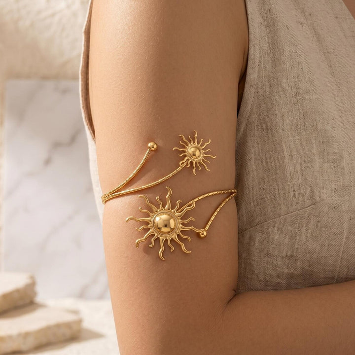 Vintage Dual Sun Pattern Adjustable Arm Cuff, Gold & Silver Bohemian Open Upper Arm Bracelet