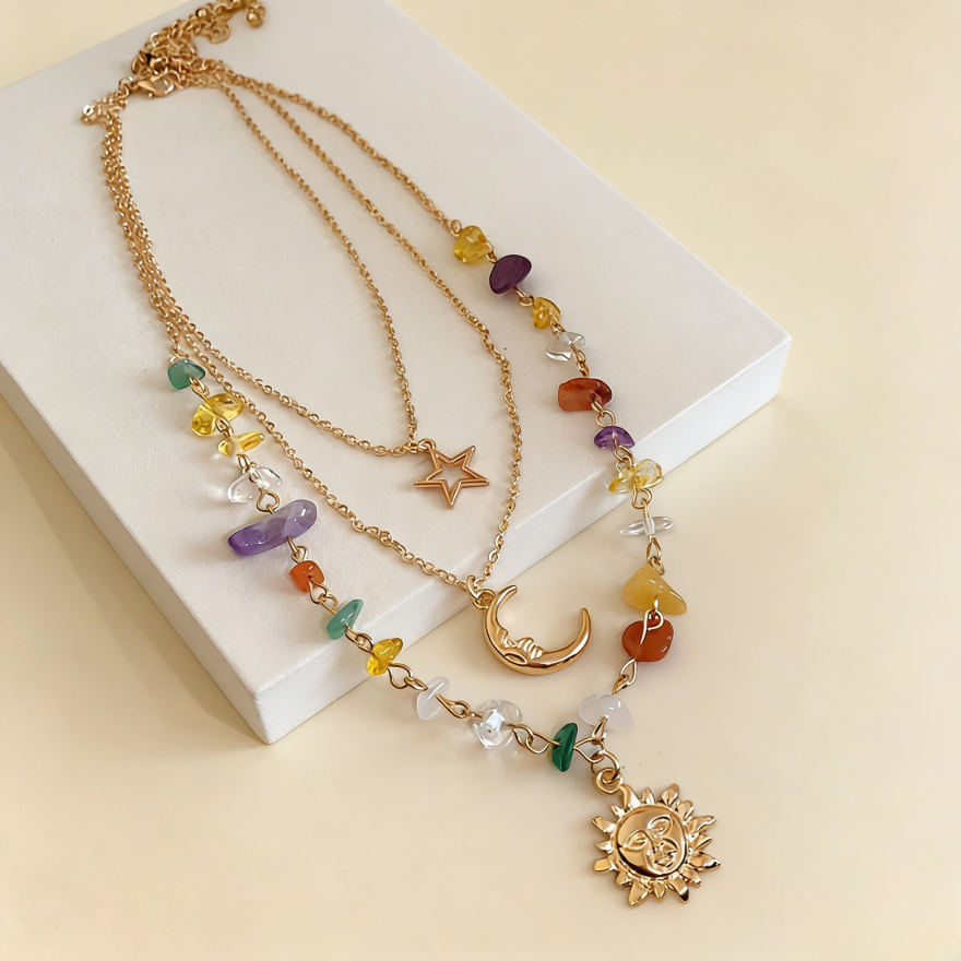 Sun Moon Star Chakra Stone Layered Necklace Set (Boho Mystic Choker)