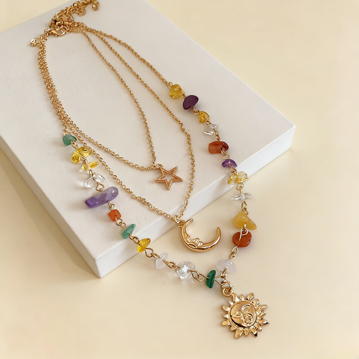 Sun Moon Star Chakra Stone Layered Necklace Set (Boho Mystic Choker)