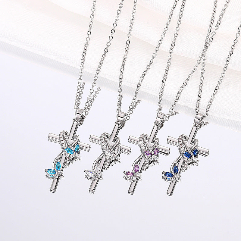 Heart Wrapped Butterfly Cross Necklace, Multiple Colors Available