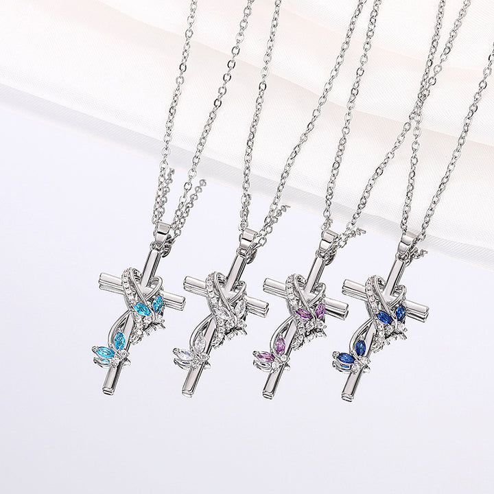 Heart Wrapped Butterfly Cross Necklace, Multiple Colors Available