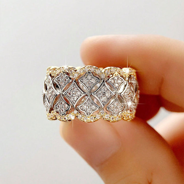 Two-Tone Window Filigree Wide Ring, Vintage Royal Diamond Carved Band For Women, S925 Silver Base
